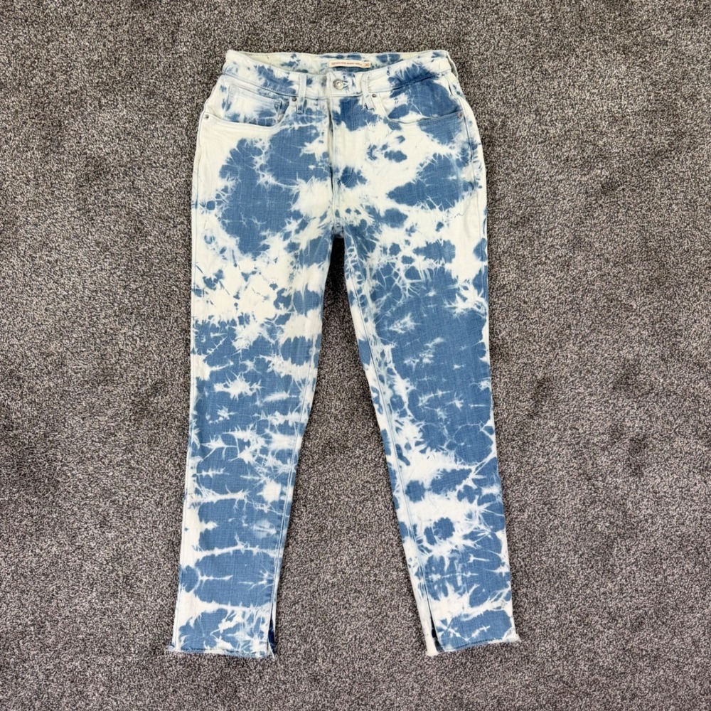 Levis 721‎ High Rise Skinny Ankle Tie Dye Jeans Blue White Raw Hem Womens 30